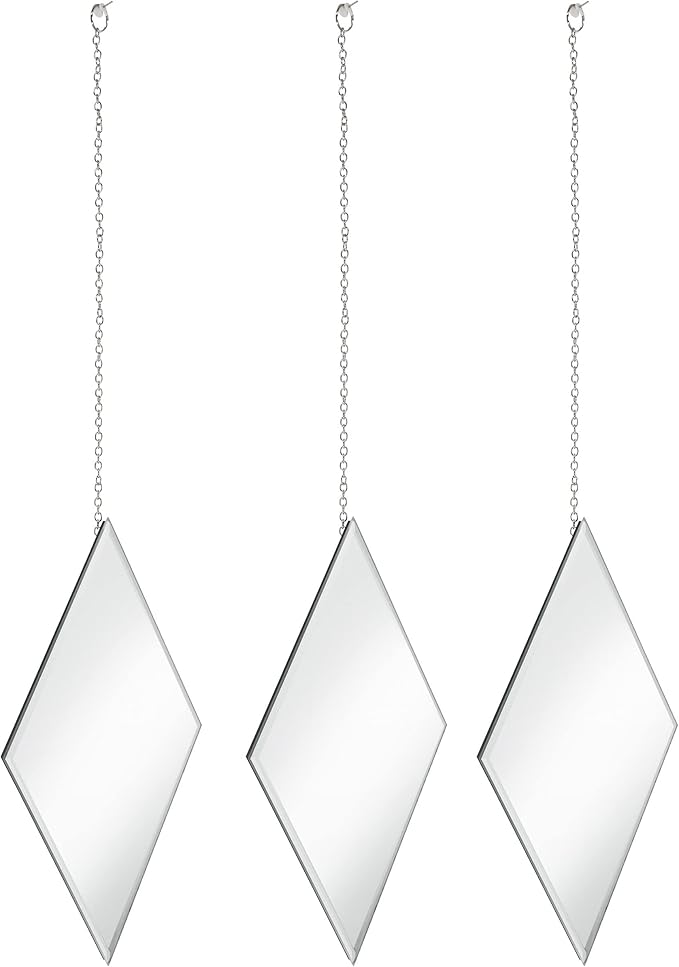 Accent Mirrors - Small Diamond Shape Decorative Mirror Wall Decor 3 Piece Set with Silver Chain