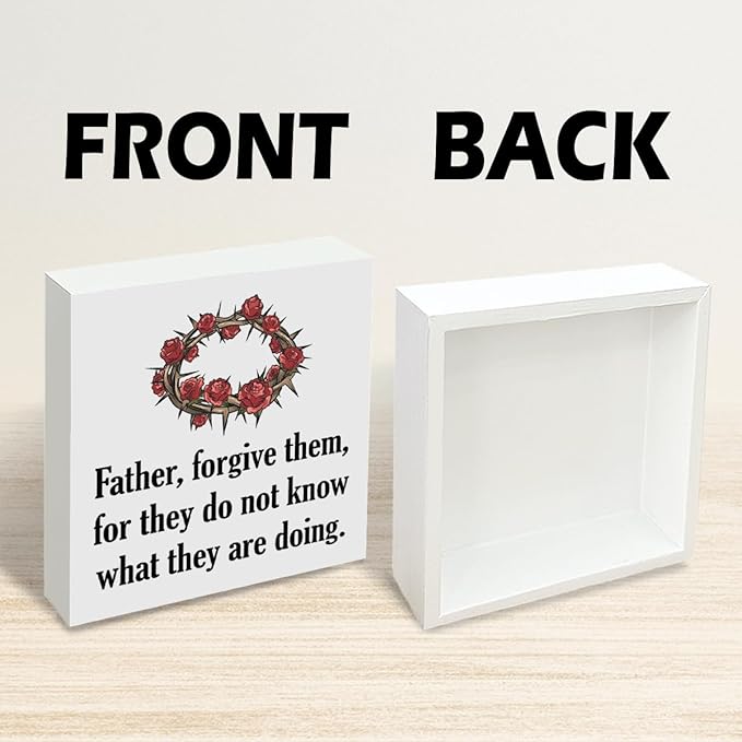 Christian Easter Decor Wooden Bible Verse Sign Father Forgive Them, Religious Crown of Thorns Design, Rustic Farmhouse Wall Desk Shelf Decoration