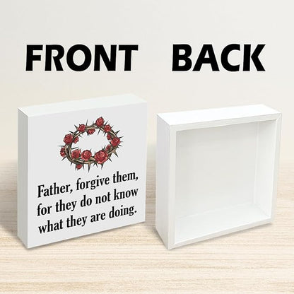 Christian Easter Decor Wooden Bible Verse Sign Father Forgive Them, Religious Crown of Thorns Design, Rustic Farmhouse Wall Desk Shelf Decoration