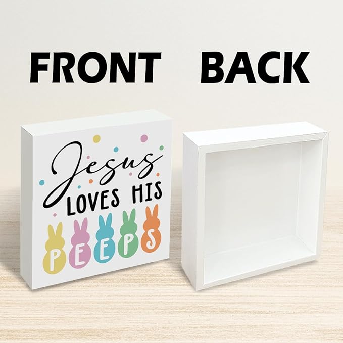 Christian Easter Decor Jesus Loves His Peeps Wooden Box Sign, Religious Bunny Easter Decorations for Home, Farmhouse Easters Desk Decorations for Office Kitchen Shelf Plaque 5x5 Inch
