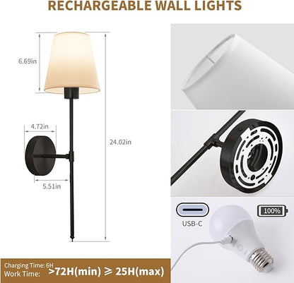 Wall sconces Set of Two Battery Operated – Rechargeable Wireless Wall Lights with Remote, 15 Colors & Dimmable Detachable Bulbs, Black Wall Lamps for Bedroom, Living Room, Hallway, and Home Decor