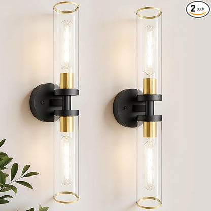 Wall Sconces Set of Two, Black and Gold Bathroom Wall Sconces with Clear Glass,Hardwired Modern Sconces Wall Decor Set of 2 Wall Light for Bathroom Mirror Bedroom Living Room Hallway Vanity