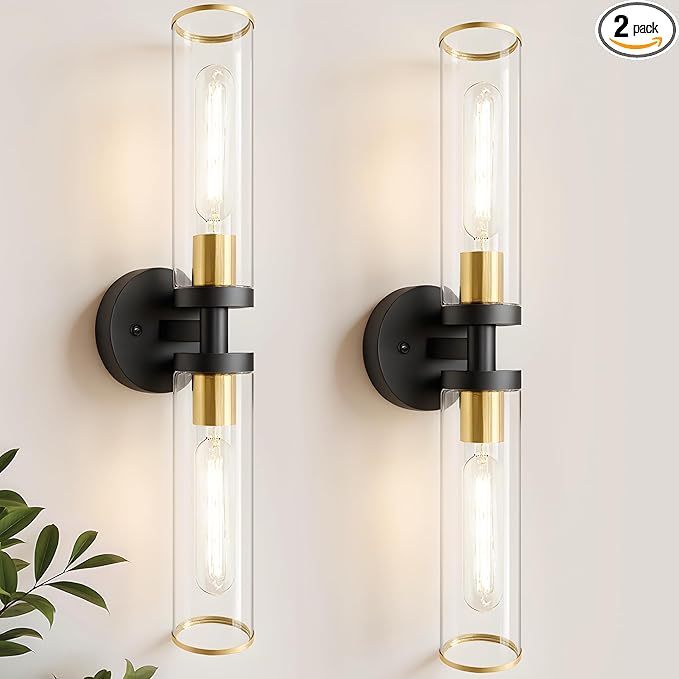 Wall Sconces Set of Two, Black and Gold Bathroom Wall Sconces with Clear Glass,Hardwired Modern Sconces Wall Decor Set of 2 Wall Light for Bathroom Mirror Bedroom Living Room Hallway Vanity