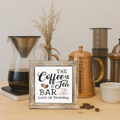 Coffee & Tea Bar Decor Signs, Tea Station Accessories, Funny Coffee Wooden Box Sign Block Plaque, Rustic Funny Wooden Box Sign, Bar Decorations for Home 5.9×5.9 inch