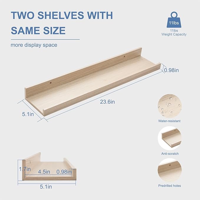 24inch Floating Picture Ledge Shelves 2-Pack, Oak Wall Mounted Shelves with Lip for Nursery, Kids Room, Living Room & Bedroom, Sturdy Floating Book Shelves for Photo Frames & Decor