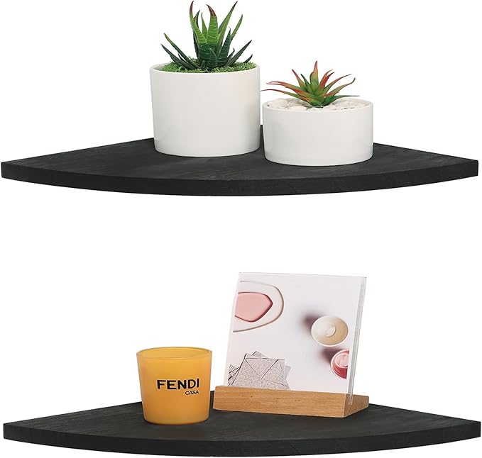 10 inch Corner Shelf, Set of 2 Solid Wood Corner Floating Shelves for Wall, Round End Wall Mounted Floating Shelf for Bedroom, Living Room and Kitchen (Black-10 inch)