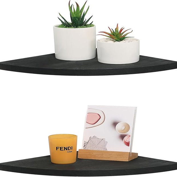 10 inch Corner Shelf, Set of 2 Solid Wood Corner Floating Shelves for Wall, Round End Wall Mounted Floating Shelf for Bedroom, Living Room and Kitchen (Black-10 inch)