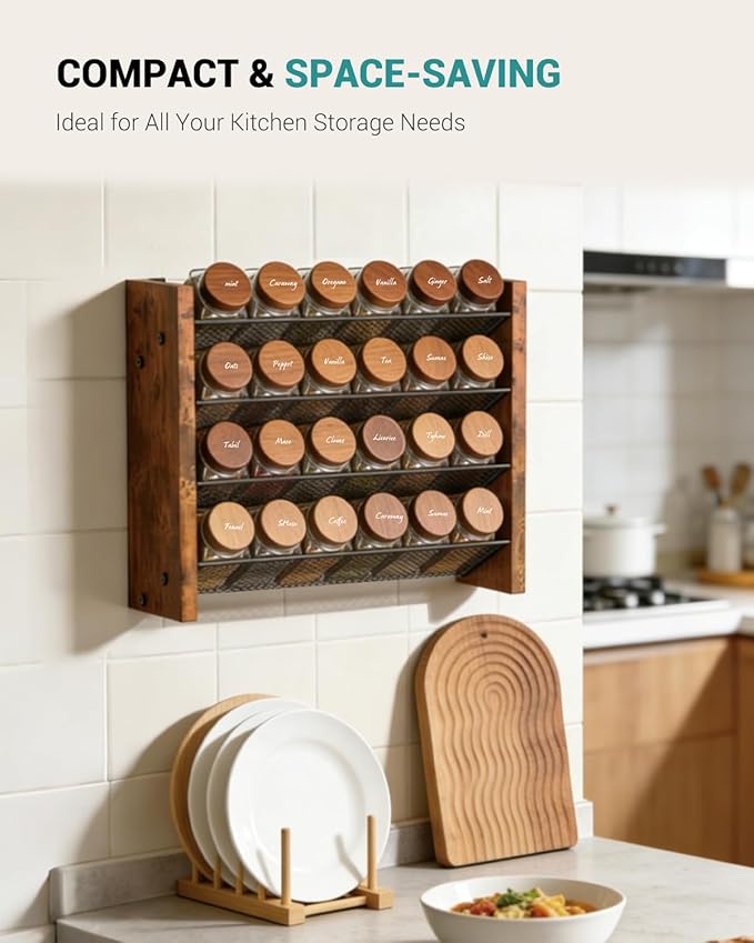 NESAPTO Spice Rack Organizer for Cabinet, Wooden 4 Tier Vertical Seasoning Organizers for Kitchen Pantry, Countertop/Wall Mount, Holds 24 Spice Jars (No Jars Included),12.2