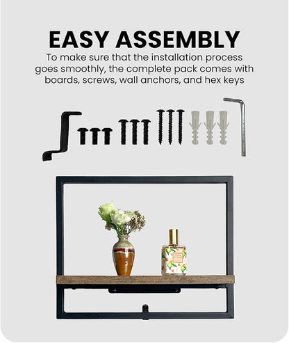 Cocoyard Set of 2 Floating Shelves. Rustic Wall Mounted Display Shelf for Livingroom Bedroom Bathroom, Art Deco, and Plants. Metal Wood Finish Wall Mounted Shelves