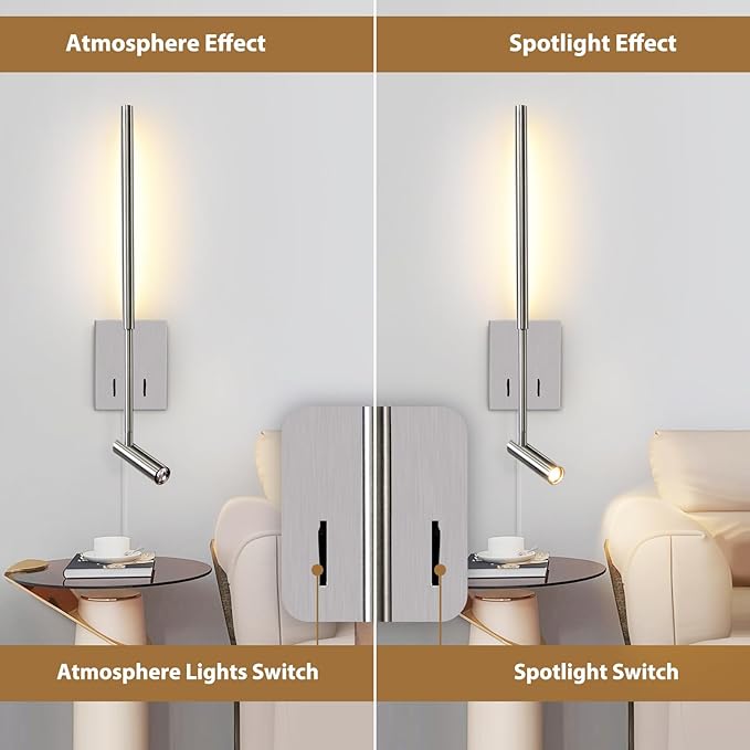 ZEROUNO Modern Plug in Wall Sconce Mounted Wall Reading Light, Corded Brushed Nickel Wall Sconce with On Off Switch, Art Deco Wall Mount Bedside Lamp for Bedroom Living Room Corner etc.