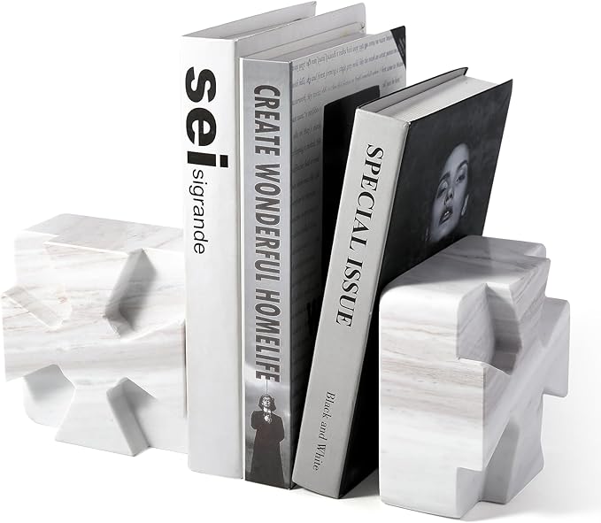 Decorative Square Marble Bookends for Heavy Books – Unique Book Ends for Shelves – Modern Aesthetic Book Holder/Stopper with Non-Slip Pads for Chic Home, Office, or Library Decor, Volakas