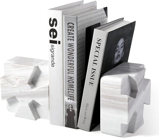 Decorative Square Marble Bookends for Heavy Books – Unique Book Ends for Shelves – Modern Aesthetic Book Holder/Stopper with Non-Slip Pads for Chic Home, Office, or Library Decor, Volakas
