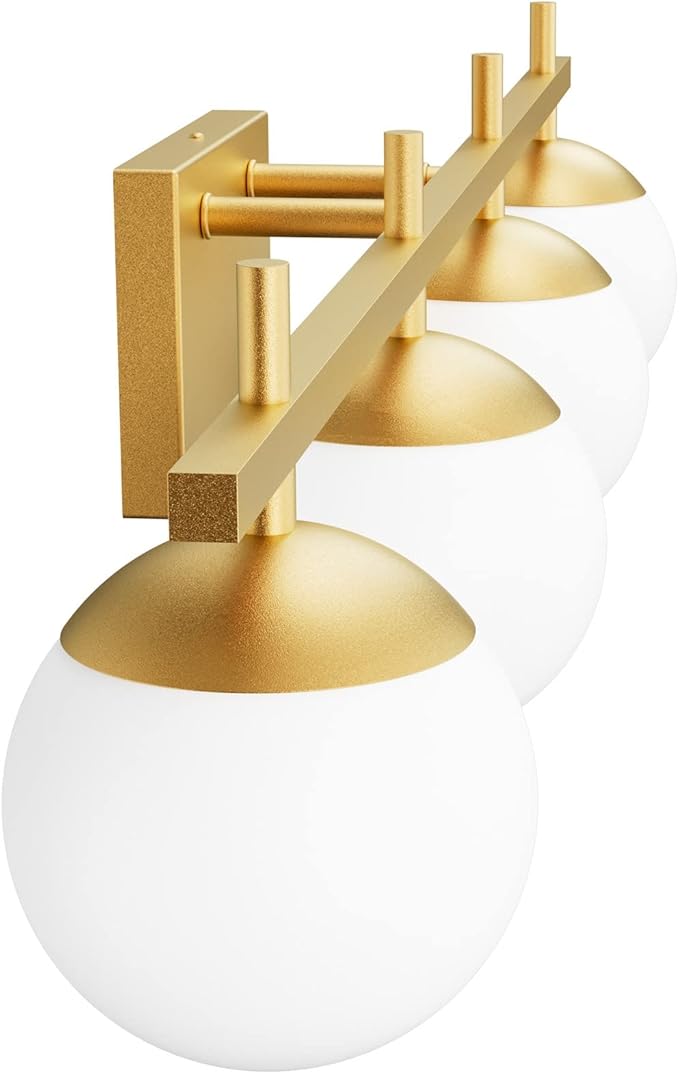 Ralbay Mid Century Gold Bathroom Vanity Lights 4-Light Gold Milky Glass Modern Bathroom Lighting Fixtures Over Mirror, Gold 4-Light (Exclude Bulb)