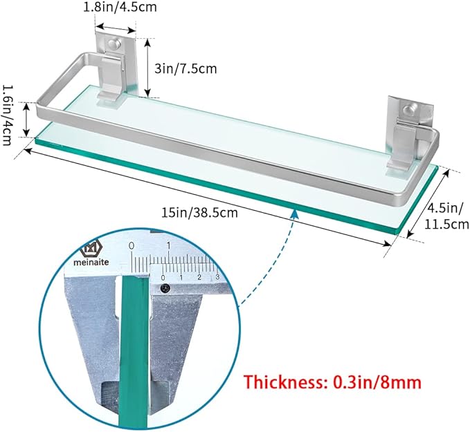 2-Pack Tempered Glass Bathroom Shelf with Rail, 15