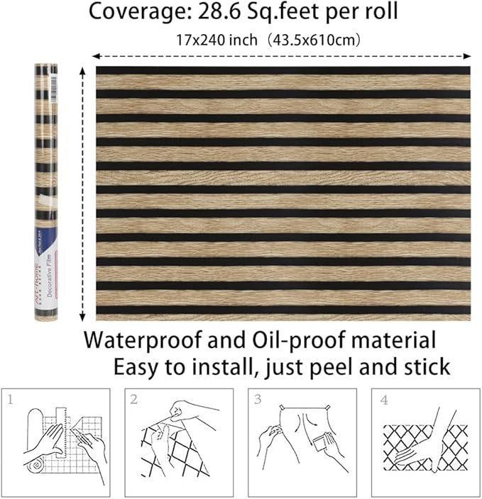 Arthome 17''x240'' Wood Slat Wallpaper,Peel and Stick Self Adhesive Wood Wallpaper PVC Vinyl Decorative Removable Wallpaper Waterproof Faux Wood Grating Stripe Contact Paper for Living Room Bedroom