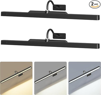 2 Pack Lights for Pictures on Wall Black - Cordless Battery Powered Wall Art Lighting with Dimmable Remote for Living Room, Bedroom & Hallway