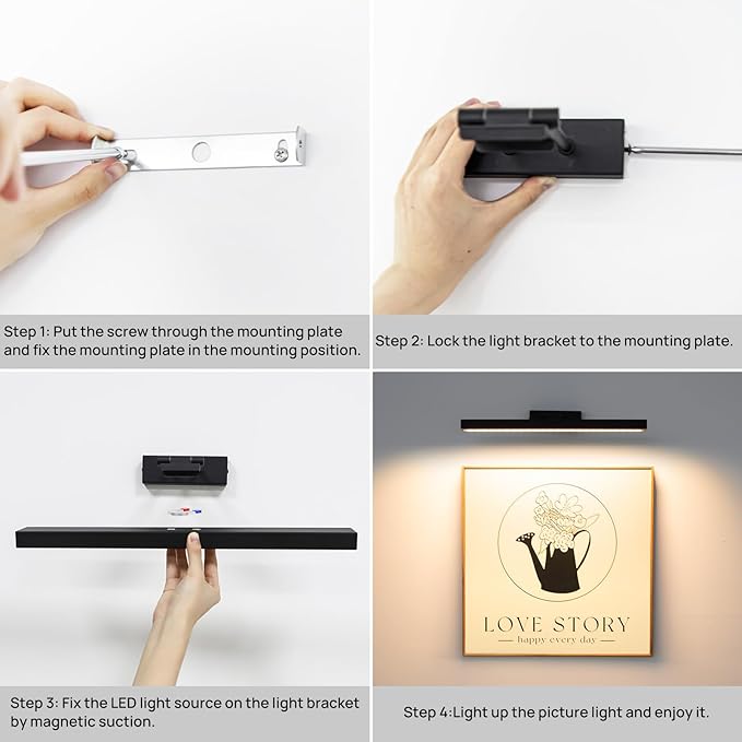 PESUTEN Picture Light Battery Operated, 16in Wireless Art Light for Paintings CCT Dimmable Recharging Battery Picture Light with Remote Control for Gallery Dartboard Art Bedroom Bathroom 2pcs Black