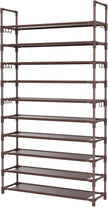 Tall Shoe Rack 10 Tier Shoe Organizer Large Shoe Shelf with 18 Hooks Storage for 50 Pair Sneaker and Boot, Stackable Vertical Shoe Rack Organizer for Closet, Entryway, Bedroom, Brown