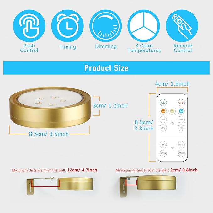 2 Pack Gold Battery Operated Picture Light, Wireless Picture Lights for Wall with Remote Dimmable Timer, Lighting Modes Pictures Frame Lights for Artworking, Magnetic Painting Light Wall Decor