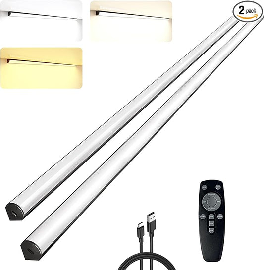 Under Cabinet Lighting Wireless with Remote,Rechargeable Battery Operated Closet Lights,3 Color Magnetic Dimmable led Strip Lights,Under Counter Lights for Kitchen,Shelf,Bedroom (Black-2PCS, 80cm)