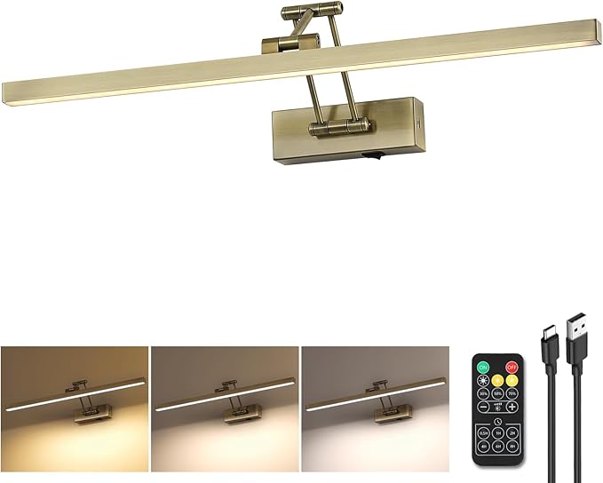 5W LED Wireless Picture Lights with Remote and Timer 23.6'' Inch Rechargeable Antique Bronze Gallery Lighting Battery Operated Art Lights Over Frame Portrait