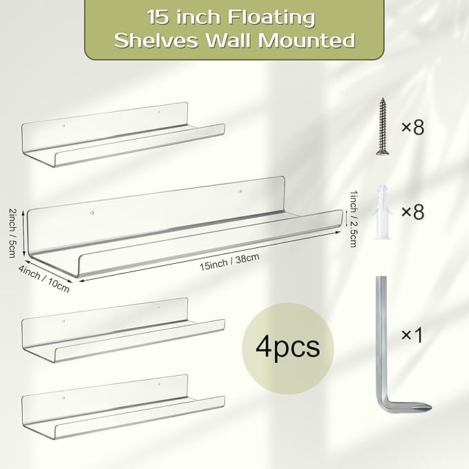Boxalls Acrylic Clear Shelves - 4 Pack, 15 Inches Wall Storage Organizer Floating Shelf for Bathroom, Bedroom, Kitchen Variety Room, High Transparency Acrylic Waterproof Shelves