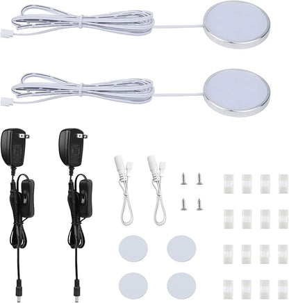 LABOREDUCER 12V Under Cabinet LED Puck Lighting Kit 2 Packs Slim Aluminum Puck Lights,Single Light Plug in Counter Light Fixture for Kitchen Cupboard Bookcase Display Shelf Lighting (Cool White,6000K)