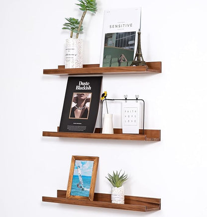 MBYD Floating Wall Shelves Wood Photo Picture Ledge Shelf, 24 Inch Light Walnut Nursery Kids Bookshelf 3 Same Sizes, Kitchen Spice Rack Bathroom Storage Shelves, Wall Mounted Shelves for Bedroom