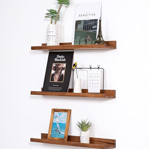MBYD Floating Wall Shelves Wood Photo Picture Ledge Shelf, 24 Inch Light Walnut Nursery Kids Bookshelf 3 Same Sizes, Kitchen Spice Rack Bathroom Storage Shelves, Wall Mounted Shelves for Bedroom