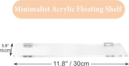 iobiotio Small Clear Floating Shelves, 12'' x 5.9'' Shelves for Wall, Decorative Floating Shelves for Home Office, Wall Mounted Rack, Clear, 2 Pcs
