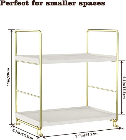 2-Tier Kitchen Spice Rack - Freestanding Stackable Bathroom Countertop Storage Shelf - Cosmetic Organizer Holder- Square Standing Rack (Golden)