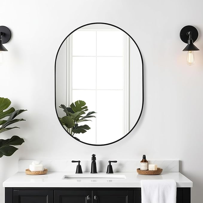 Oval Black Bathroom Mirror,24 x 36 Inch Wall Vanity Modern Tempered Glass Mirror for Over Sink,Bedroom,Living Room,Entryway