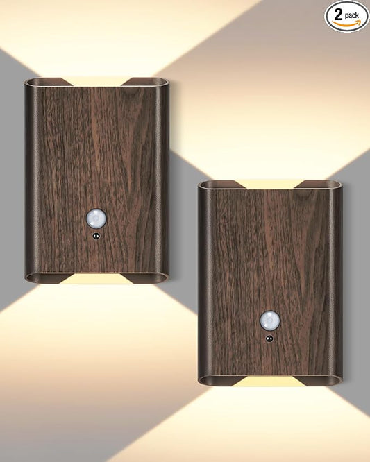Motion Sensor Wireless Wall Sconce 2Pcs - Rechargeable Magnetic No-Drill, 3 Color Temp Dimmable Wireless Wall Light with Remote&Timer, Step Lights Indoor for Stair Bedroom Closet Hallway, Wood