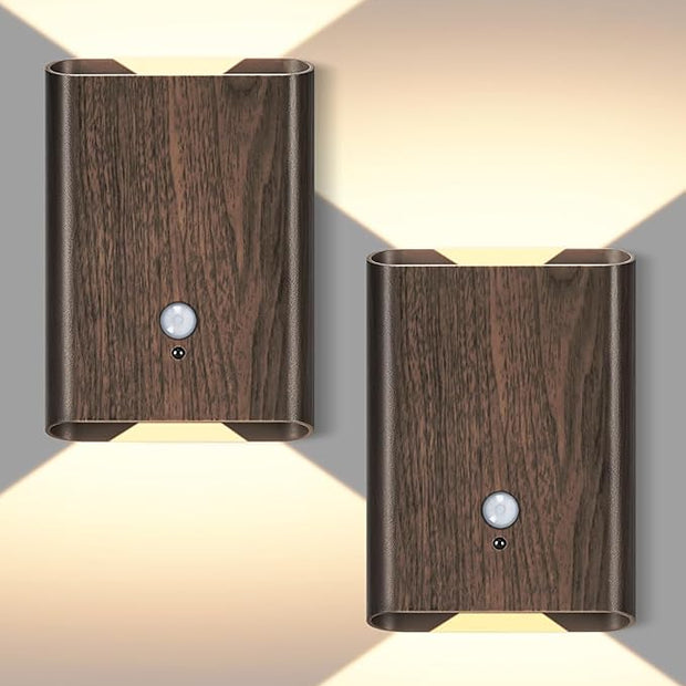 Motion Sensor Wireless Wall Sconce 2Pcs - Rechargeable Magnetic No-Drill, 3 Color Temp Dimmable Wireless Wall Light with Remote&Timer, Step Lights Indoor for Stair Bedroom Closet Hallway, Wood