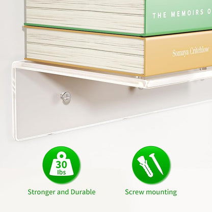 FEMELI 2 PCS 12" Acrylic Floating Shelves, Clear Shelf for Display, Plant, Perfume, Book in Bedroom Living Room Office, 5mm Thick Wall-Mounted Acrylic Shelves for Wall