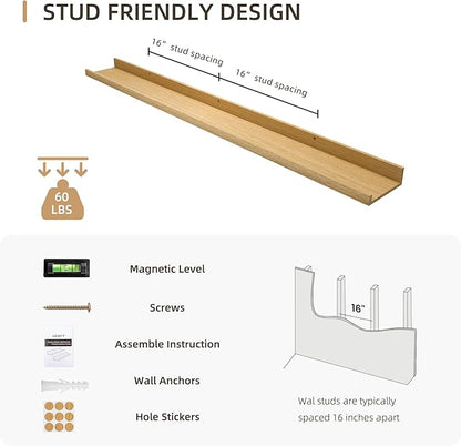 Picture Ledge Shelf, Wood Long Floating Shelves for Wall, Set of 2, 48 inch Picture Ledge Shelves, Photo Ledge Nursery Book Shelves Wall Mounted for Living Room Kids' Room Bedroom, Color Oak
