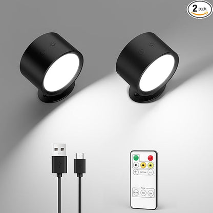 LED Wall Mounted Lights 2 Pcs with Remote, Rechargeable Wall Sconce with 3 Color Temps & Dimmable Magnetic 360° Rotation Cordless Light for Bedroom Reading Bedside