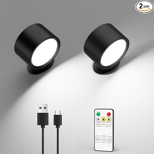 LED Wall Mounted Lights 2 Pcs with Remote, Rechargeable Wall Sconce with 3 Color Temps & Dimmable Magnetic 360° Rotation Cordless Light for Bedroom Reading Bedside