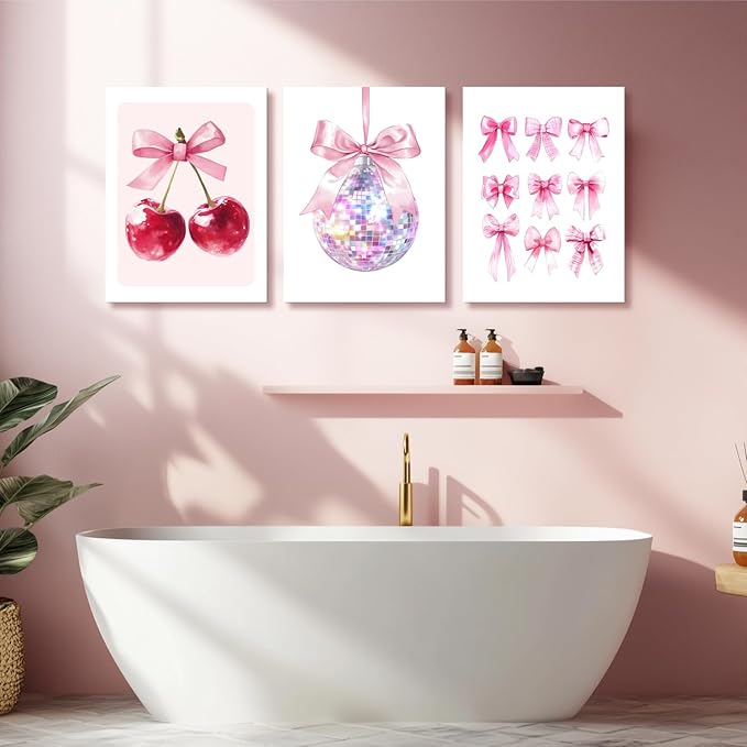 Zeredi Framed Pink Coquette Bow Trendy Preppy Wall Art Prints Set of 3, Coquette Room Decor, Preppy Room Dorm Decor Aesthetic, Pink Bow Cherry Disco Ball Wall Decor Posters for Girls Bedroom 12"x16"