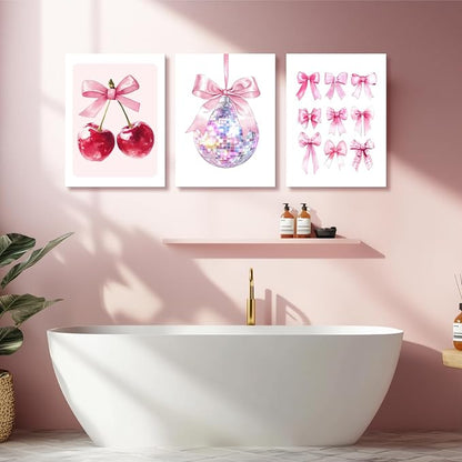 Zeredi Framed Pink Coquette Bow Trendy Preppy Wall Art Prints Set of 3, Coquette Room Decor, Preppy Room Dorm Decor Aesthetic, Pink Bow Cherry Disco Ball Wall Decor Posters for Girls Bedroom 12"x16"