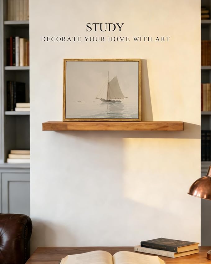 InSimSea Framed Canvas Print Art, Vintage Nautical Sailboat Landscape Painting, Rustic Farmhouse Cottage Decor for Hallway Wall Floating Shelf Desk Vanity Fireplace,10x8in, Neutral Tones