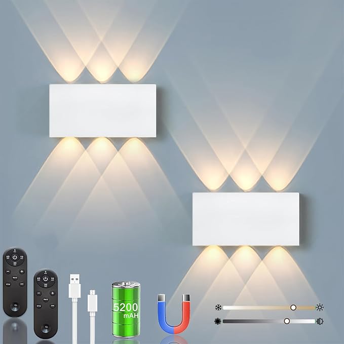 Shelprojsu LED Cordless Wall Sconce Set of 2, 5200mAh Rechargeable Battery Operated Wall Lamp with Remote Control, 3 Colors and Dimmable Magnetic Wireless Wall Light (White, 2 PCS)
