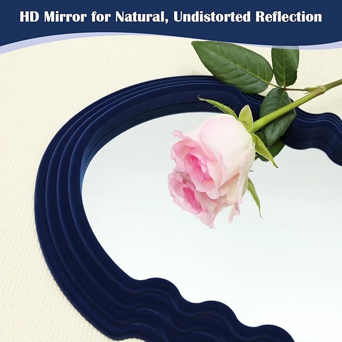 Small Wavy Wall Mirror Living Room Decor, Irregular Decorative Mirrors with Flocking Touch, Modern Squiggly Mirror for Bedroom Hallway Entryway Game Room Decoration (Dark Blue)