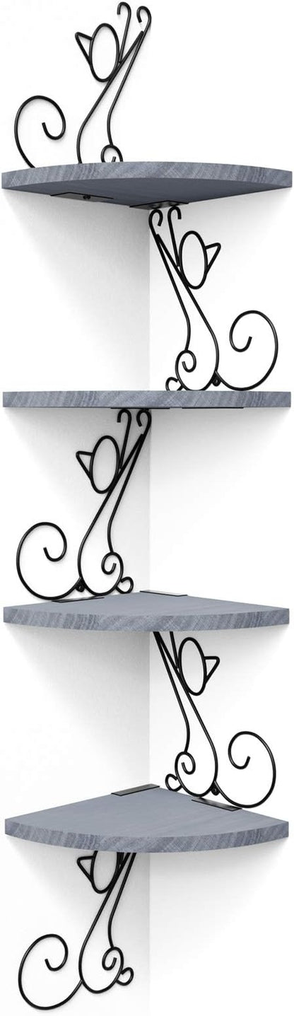 Alsonerbay Wall Mount Corner Shelves 4 Tier Floating Corner Storage Wood Shelves Decorative Rustic Radial Shelf in Cat Shape Weathered Grey
