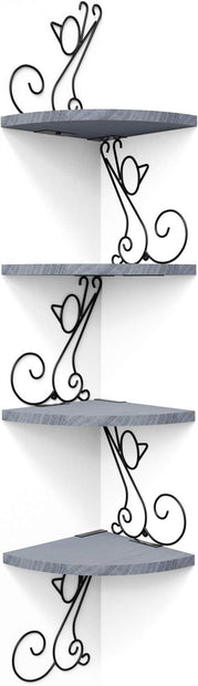Alsonerbay Wall Mount Corner Shelves 4 Tier Floating Corner Storage Wood Shelves Decorative Rustic Radial Shelf in Cat Shape Weathered Grey
