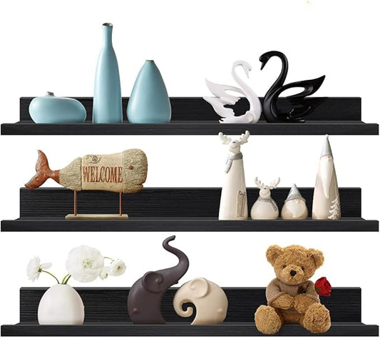 Lavezee 36 Inch Black Floating Wall Ledge Shelves Set of 3, Photo Picture Ledge Shelf with Lip for Office, Bedroom, Living Room, Kitchen