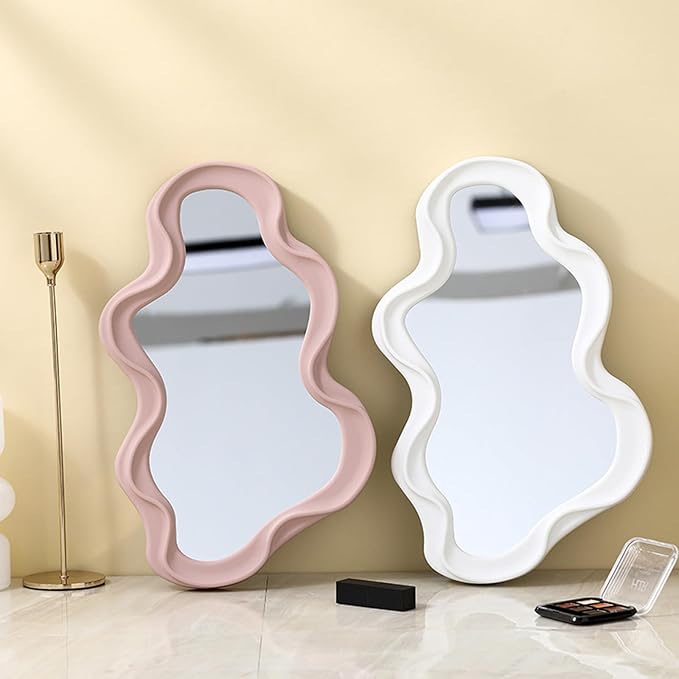 Mokoze Asymmetrical Wall-Mounted Mirror, Creative Unique Decorative Mirrors, Funky Wavy Mirror 16.14"x9.84" Irregular Border Pink Mirror for Bathroom Living Room Decoration