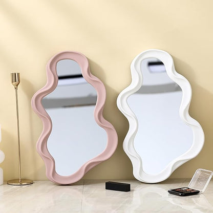 Mokoze Asymmetrical Wall-Mounted Mirror, Creative Unique Decorative Mirrors, Funky Wavy Mirror 16.14"x9.84" Irregular Border Pink Mirror for Bathroom Living Room Decoration