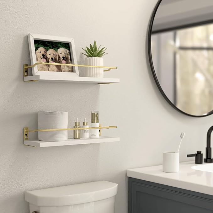 RICHER HOUSE Bathroom Shelves, Small Floating Wall Shelf for Bathroom Decor, Wall Mounted Wood Shelves, Bathroom Organizer Over Toilet Storage, Guard-Rail Kitchen Shelves Set of 2 - White Gold