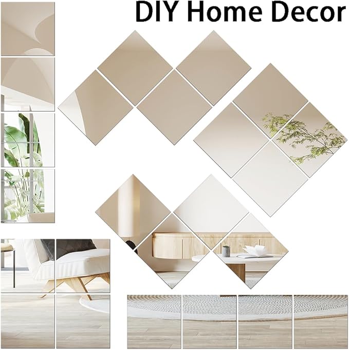 Vlush Adhesive Mirror Tiles 12'' x 12'' x 4PCS Full Body Mirror Full Length & Wall Mounted Mirrors Tiles Decorative for Home Gym, Door, Bedroom & Bathroom